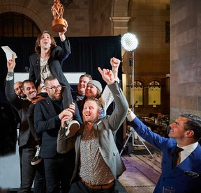 Massimo Zitti is hoisted up in a congratulatory cheer as he announced the winner of the title of Diageo World Class Bartender of the Year 2022 last night in Montreal.