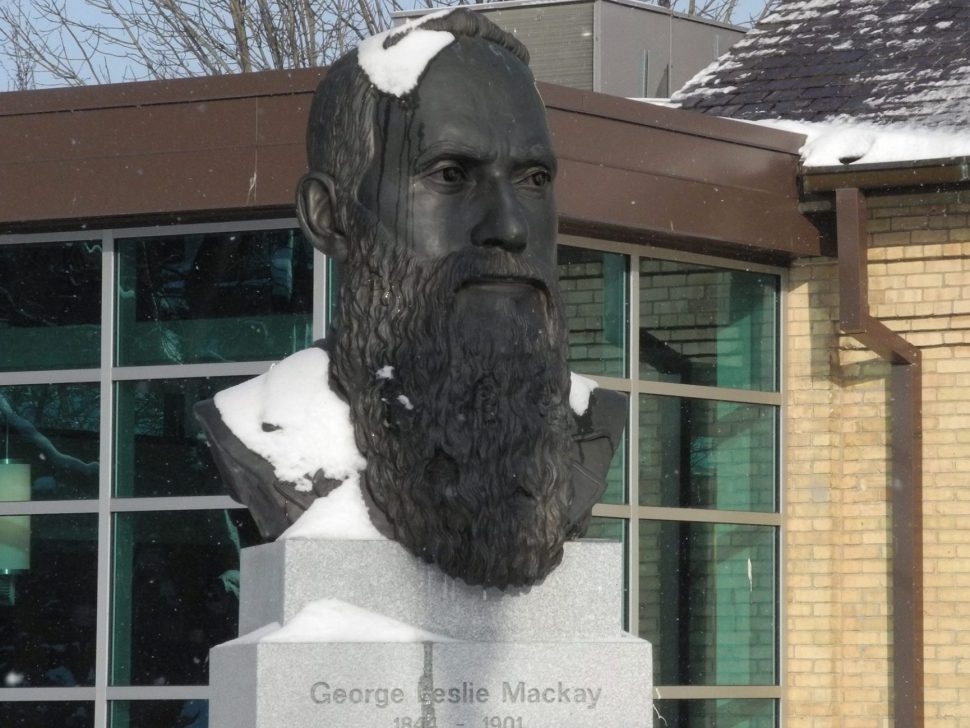 The bust of Canadian missionary George Leslie Mackay at the Oxford County Court House is seen Jan. 12, 2015, with overnight snowfall in Woodstock, Ont.