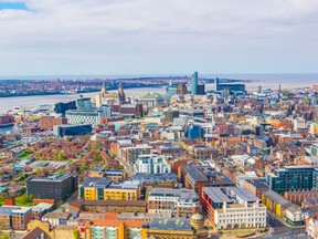 Aerial view of Liverpool including three graces, England.