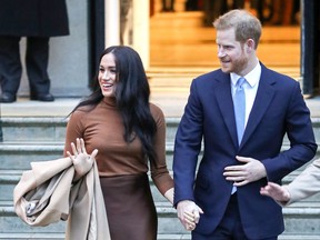 Meghan, Duchess of Sussex and Prince Harry, Duke of Sussex, depart Canada House on Jan 7, 2020 in London, England.