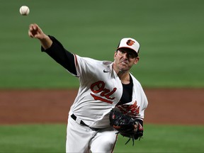 Starting pitcher Matt Harvey of the Baltimore Orioles throws to a Kansas City Royals batter at Oriole Park at Camden Yards on September 08, 2021 in Baltimore, Maryland.