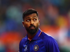 Hardik Pandya of India looks on during the ICC Men's T20 World Cup match between India and Scotland at Dubai International Cricket Ground on November 05, 2021 in Dubai, United Arab Emirates.