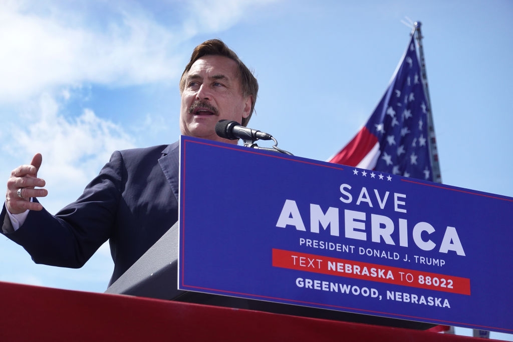 My Pillow CEO Mike Lindell speaks at a rally hosted by former President Donald Trump at the I-80 Speedway on May 01, 2022 in Greenwood, Nebraska. (Photo by Scott Olson/Getty Images)