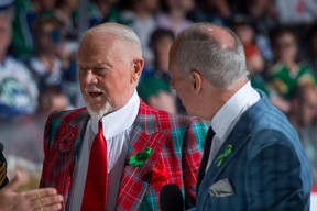 Don Cherry and Ron MacLean of Coaches Corner stand on the ice at the start of the game between the Hamilton Bulldogs and the Swift Current Broncos at Brandt Centre – Evraz Place on May 21, 2018 in Regina, Canada. (Photo by Marissa Baecker/Getty Images)