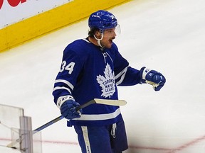 Toronto Maple Leafs forward Auston Matthews (34) reacts after his second goal of the game against the Tampa Bay Lightning during the third period of game one of the first round of the 2022 Stanley Cup Playoffs at Scotiabank Arena May 2, 2022.