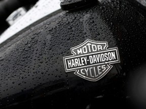 The logo of Harley-Davidson is seen on a motorcycle at a dealership in Queens, N.Y., Feb. 7, 2022.