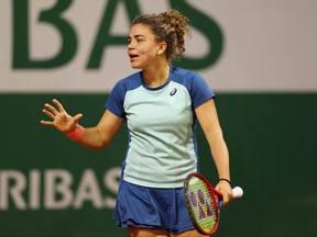 Jasmine Paolini of Italy reacts against Irina-Camelia Begu of Romania during the Women's Singles First Round match on Day 2 of The 2022 French Open at Roland Garros on May 23, 2022 in Paris.