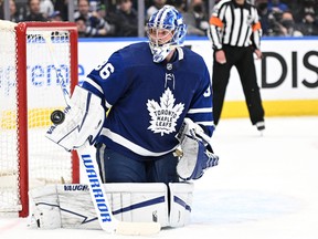 Maple Leafs goalie Jack Campbell makes a save against the Tampa Bay Lightning in Game 1 of their first-round playoff series against the Tampa Bay Lightning at Scotiabank Arena on Monday, May 2, 2022.