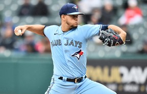 Blue Jays starting pitcher Jose Berrios pitches during the first half against the Cleveland Guardians at Progressive Field.  KEN BLAZE/USA TODAY SPORTS
