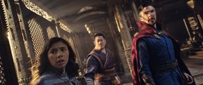 (L-R): Xochitl Gomez as America Chavez, Benedict Wong as Wong, and Benedict Cumberbatch as Dr. Stephen Strange in Marvel Studios’ DOCTOR STRANGE IN THE MULTIVERSE OF MADNESS.