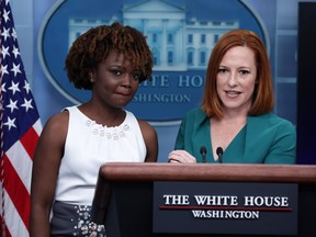 White House Press Secretary Jen Psaki, right, introduces Principal Deputy Press Secretary Karine Jean-Pierre during a White House daily press briefing at the James S. Brady Press Briefing Room of the White House May 5, 2022 in Washington, D.C.