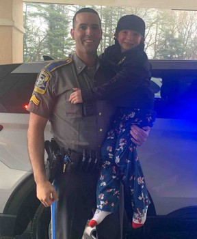 Dominick Krankall received a ride home from a Connecticut State Trooper following his hospital stay for burns to his face and leg.