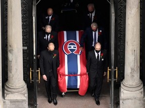 The casket of Guy Lafleur is carried out of the cathedral during the funeral of Montreal Canadiens  legend Guy Lafleur at Mary Queen of the World Cathedral in Montreal on May 3. REUTERS