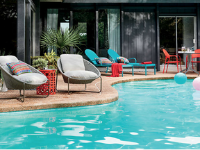 A backyard pool creates a summer getaway at home. Lanai Red & Aqua Outdoor Furniture Collection, from $150, www.crateandbarrel.ca