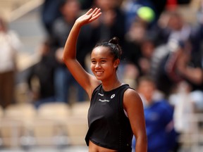 Leylah Fernandez of Canada celebrates after winning against Amanda Anisimova of The United States during the Women's Singles Fourth Round match on Day 8 of The 2022 French Open at Roland Garros on May 29, 2022 in Paris.