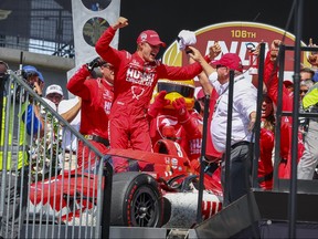 Chip Ganassi Racing driver Marcus Ericsson of Sweden celebrates in victory lane after he wins the 106th running of the Indianapolis 500 at Indianapolis Motor Speedway in Indianapolis, May 29, 2022.