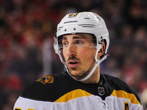 Brad Marchand #63 of the Boston Bruins in action against the Calgary Flames during an NHL game at Scotiabank Saddledome