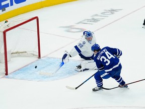 Toronto Maple Leafs forward Auston Matthews (34) scores a goal against Tampa Bay Lightning goaltender Andrei Vasilevskiy (88) during the third period of game five of the first round of the 2022 Stanley Cup Playoffs at Scotiabank Arena.
