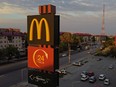 A McDonald's logo is on display outside the restaurant in Omsk, Russia, Thursday, May 18, 2022.