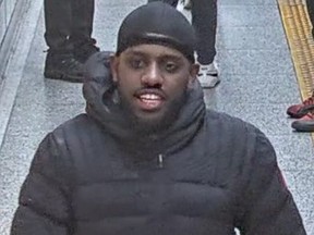 An image released by Toronto Police of a suspect in an assault on April 16 at Bloor-Yonge Station.