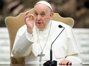 Pope Francis speaks in the plenary assembly of the International Union of Superiors General (IUSG) at the Vatican, May 5, 2022.