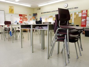 An empty classroom  at a school in Belleville, Ont., Dec. 6, 2012.