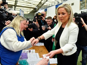 Sinn Fein deputy leader Michelle O'Neill arrives during the Northern Ireland Assembly Elections at the Meadowbank Sports Arena, in Magherafelt, Northern Ireland, May 6, 2022.