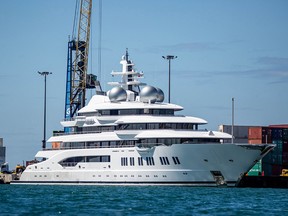 A photo taken on April 13, 2022 shows the superyacht Amadea, reportedly owned by a Russian oligarch, berthed at the Queens Wharf in Lautoka.