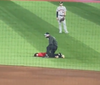 Rogers Centre security tackles a young trespasser during a recent Blue Jays game.
