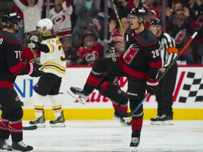 Carolina Hurricanes centre Sebastian Aho celebrates his goal against the Boston Bruins during the second period in game two of the first round of the 2022 Stanley Cup Playoffs at PNC Arena in Raleigh, N.C., May 4, 2022.