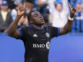 CF Montreal forward Sunusi Ibrahim celebrates the first of his three goals against Forge FC in a Canadian Championship quarterfinal match in Montreal on May 25, 2022.