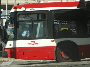 A TTC bus exits a subway station Nov. 16, 2021.