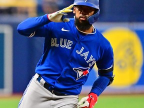 Teoscar Hernandez #37 of the Toronto Blue Jays runs the bases after hitting a home run in the eighth inning against the Tampa Bay Rays at Tropicana Field.