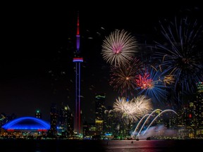 colorful fireworks with CN Tower at night