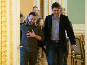 Prime Minister Justin Trudeau walks with Ukraine's President Volodymyr Zelenskyy, as Russia's attack on Ukraine continues, in Kyiv, Ukraine, Sunday May 8, 2022.