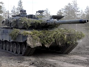 A Leopard battle tank of the Armoured Brigade takes part in the Army mechanised exercise Arrow 22 exercise at the Niinisalo garrison in Kankaanpaa, Finland May 4, 2022.