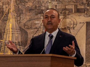 Turkish Foreign Minister Mevlut Cavusoglu gestures as he speaks during a news conference in Istanbul, Turkey, May 27, 2022.
