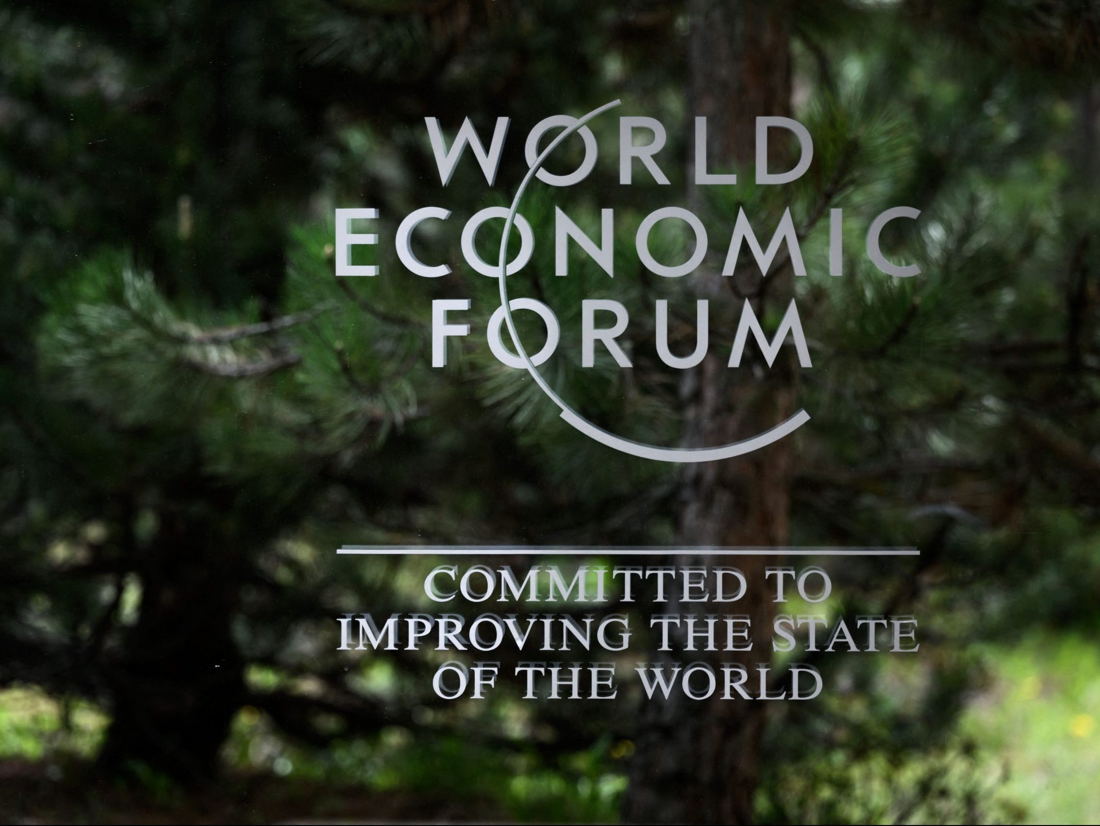 This photograph taken on May 25, 2022 shows a sign of the World Economic Forum (WEF) at the Congress centre during the World Economic Forum (WEF) annual meeting in Davos. 