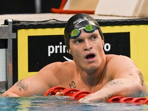 Australia's Cody Simpson reacts after coming third in the men's 100 metre butterfly final on day 1 of the 2022 Australian Swimming Championships in Adelaide on May 18, 2022.