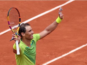 Spain's Rafael Nadal reacts after winning their men's singles match against Australia's Jordan Thompson at the Court Philippe-Chatrier on day two of the Roland-Garros Open tennis tournament in Paris on May 23, 2022.