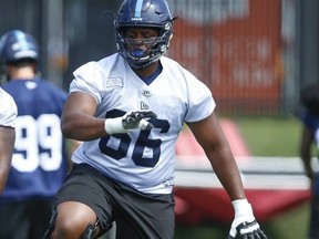 Toronto Argonauts Isiah Cage OL during practice at Lamport stadium in Toronto, Ont. on Thursday July 4, 2019.