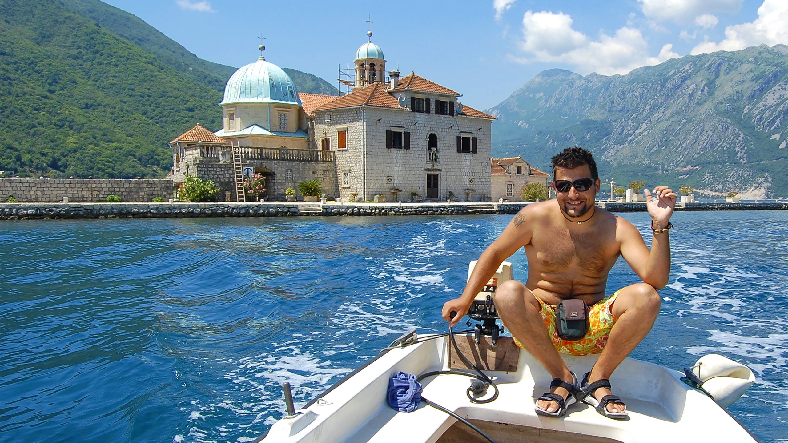 Visiting the island church by boat on the Bay of Kotor.