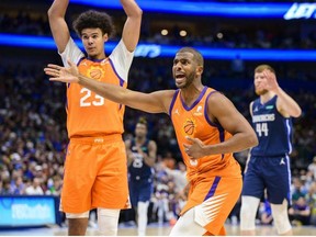 May 8, 2022; Dallas, Texas, USA; Phoenix Suns guard Chris Paul (3) reacts to receiving his sixth foul call and fouling out of the game against the Dallas Mavericks during the fourth quarter during game four of the second round for the 2022 NBA playoffs at American Airlines Center.
