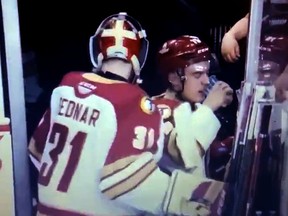 Thomas Belgarde drinks a beer moments after the Acadie Bathurst Titan won their QMJHL playoff game in triple overtime.