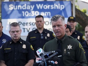Jeff Hallock, Orange County Sheriff's Department undersheriff speaks to the media after a deadly shooting at Geneva Presbyterian Church in Laguna Woods, California, U.S. May 15, 2022.