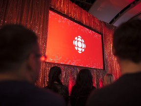 The CBC logo is projected onto a screen during the CBC's annual upfront presentation at The Mattamy Athletic Centre in Toronto, May 29, 2019.