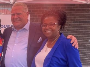 (L to R) Ontario Finance Minister Peter Bethlenfalvy, restaurant owner Courtney Anderson, restaurant customer Stephanie, Premier Doug Ford and Ajax PC candidate Patrice Barnes at Courtney's Restaurant and Bar in Ajax on Thursday, May 5, 2022.