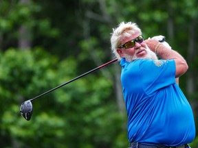 John Daly tees off on the fourth hole during the second round of the Insperity Invitational at The Woodlands Golf Club