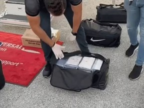 Eight black gym bags, each containing 25 smaller packages of cocaine, totalling 200 packages, were located in the aircraft’s control compartments.