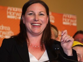NDP candidate Catherine Fife celebrates her win with supporters in a Ontario provincial by-election in the Kitchener-Waterloo riding in Kitchener-Waterloo, Ont., Thursday, Sept. 6, 2012.&ampnbsp;Ontario's New Democrats are set to release costing for their platform today.